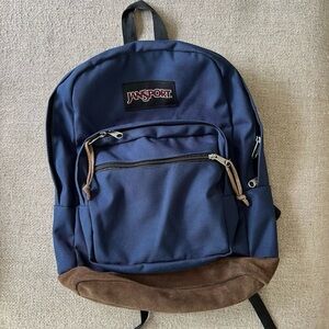 Jansport Backpack Tan Suede Leather Bottom Navy Blue Full Size 90s Classic